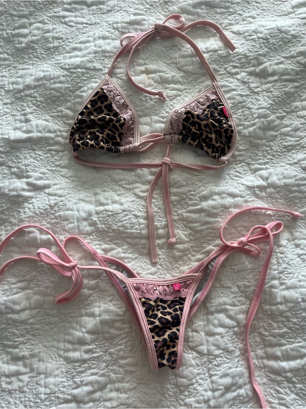 Chynna Dolls Leopard Print Triangle Bikini Set with Pink Lace Trim